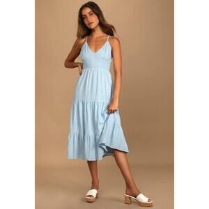 Lulus Bliss Abound Light Blue Tiered Midi Dress - Size L